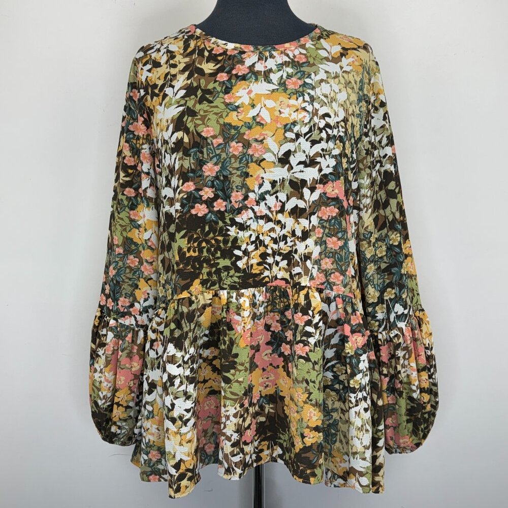 Marallis Women’s Babydoll Blouse L Floral Long Sleeve Round Neck Puff Cuff